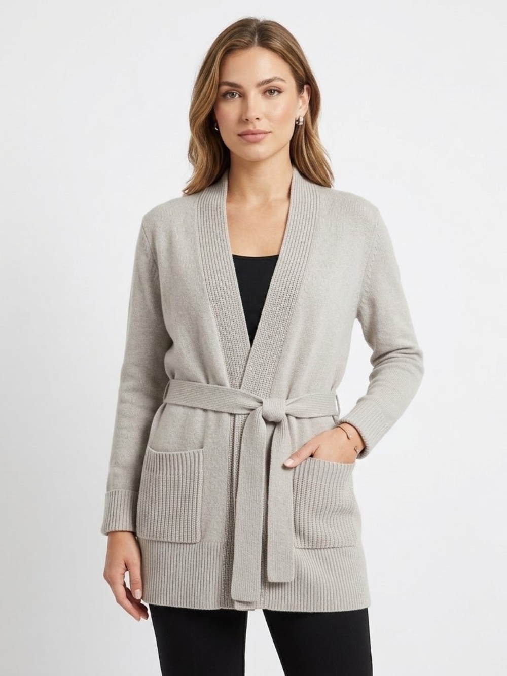 Tory Burch Grey Cashmere Blend Belted Cardigan Sweater